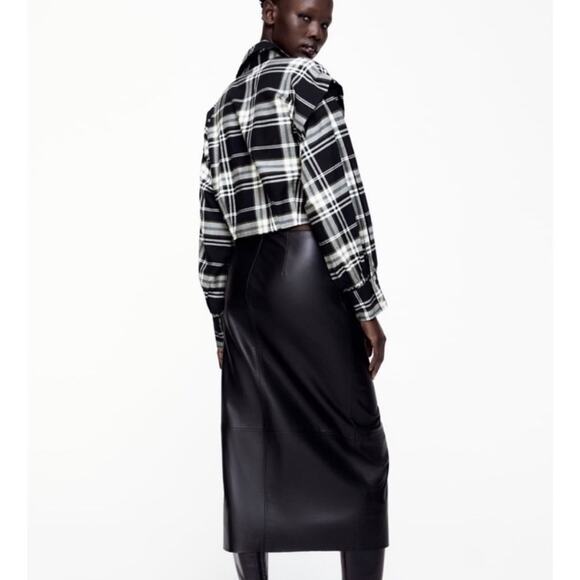 NWT Zara Black and White Plaid Balloon Sleeve Pleated Cropped Shirt M - Picture 3 of 8